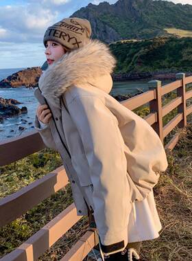 灰色派克服女冬季新款韩系工装帽休闲厚毛领连绒白鸭加D014-100外