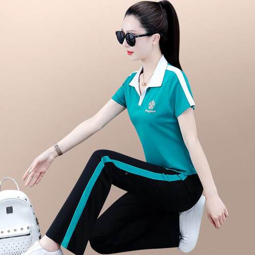 休闲运动套装女新款79427397时翻尚夏气领冰丝短袖长裤跑步服两洋