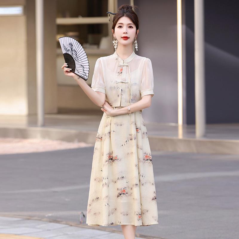 意9606国新中式袍连衣裙旗女夏季新款显瘦气质时风尚两件套装裙子