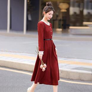 62025新款女复古气质收腰长裙红色长秋袖连衣裙女NS9668-0配腰带