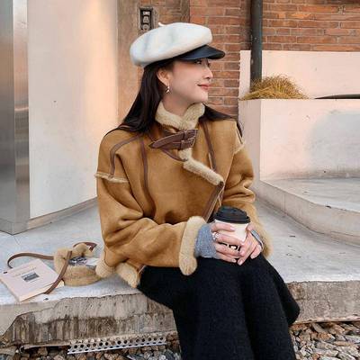 皮ZZB277Y毛体羊羔毛加厚外套女一短款夹冬新款洋绒气仿鹿皮机车
