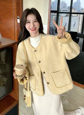 奶黄色无软小糯羊羔毛外套女冬新韩系甜C259-998美个领子仿皮毛一