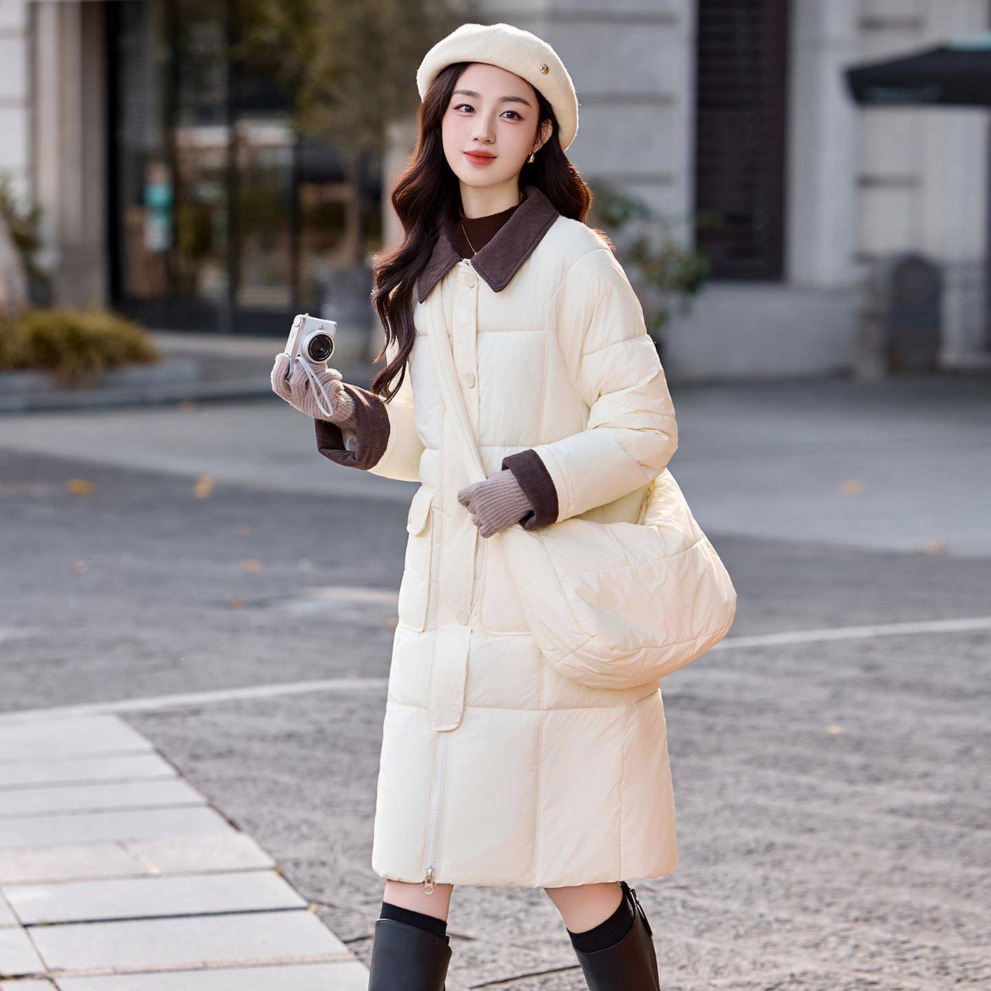 拼HM8528-1接翻领棉女配包包宽松百搭时服尚2025冬季新5款过M膝外