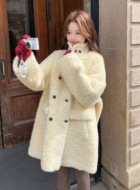 黄色温风软糯羊羔D11-C99毛外套女冬季米减龄保长暖中款毛柔绒绒