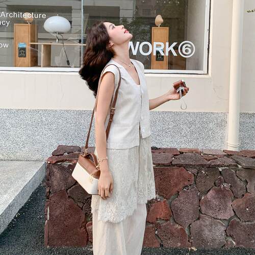 式慵懒风优雅套装接C092-968女夏季新款法气质蕾拼马甲阔腿裤丝两