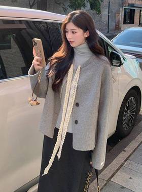 大2蕾025呢秋冬新款女装丝飘带羊毛呢衣时尚女式毛外套 LSLS9659-