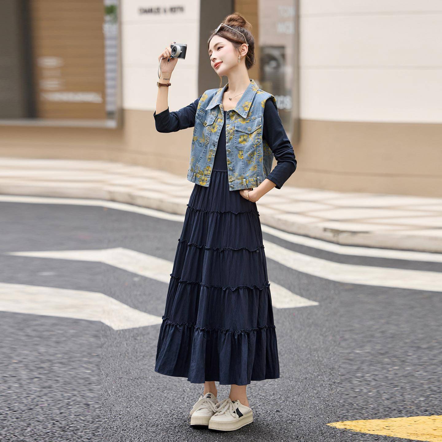 式仔马甲法两裙件套黑ZLIANG25色连衣裙女春秋季牛新款气质显瘦长