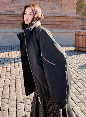 黑色新酷领飒风立短款绒绒服女秋冬款韩C100-712系高级感小羽个子