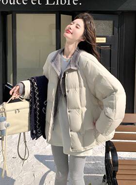 白色针织C166-659拼接泡芙羽绒服女中松长款保连帽弛感暖加厚面米