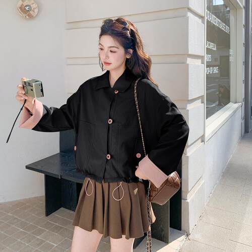 皮外女短款新款春秋小个ZWUA15A子气质古复休套衣闲洋气皮夹克上