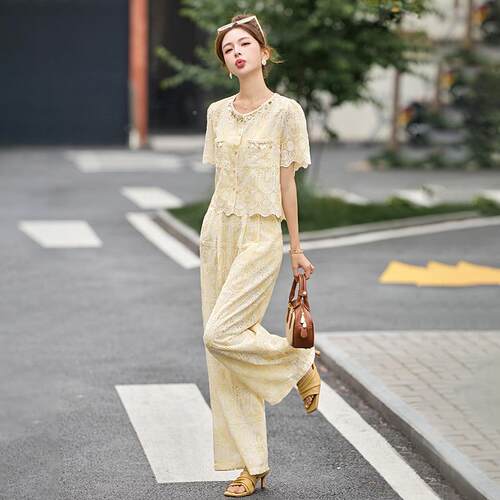 小YH9219-0香风蕾丝件套裙两女夏季新款洋气减龄上衣半装身裙套