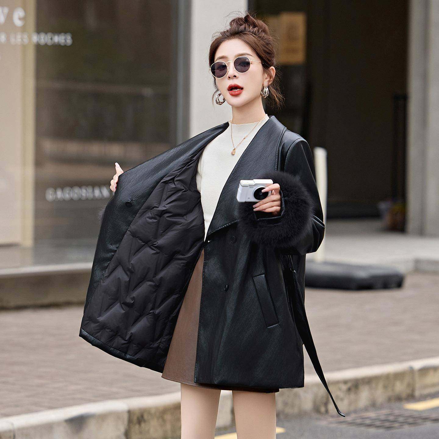 女式羽绒服202NS9790-15冬季保羽绒服外套配腰带可卸拆仿狐狸袖S