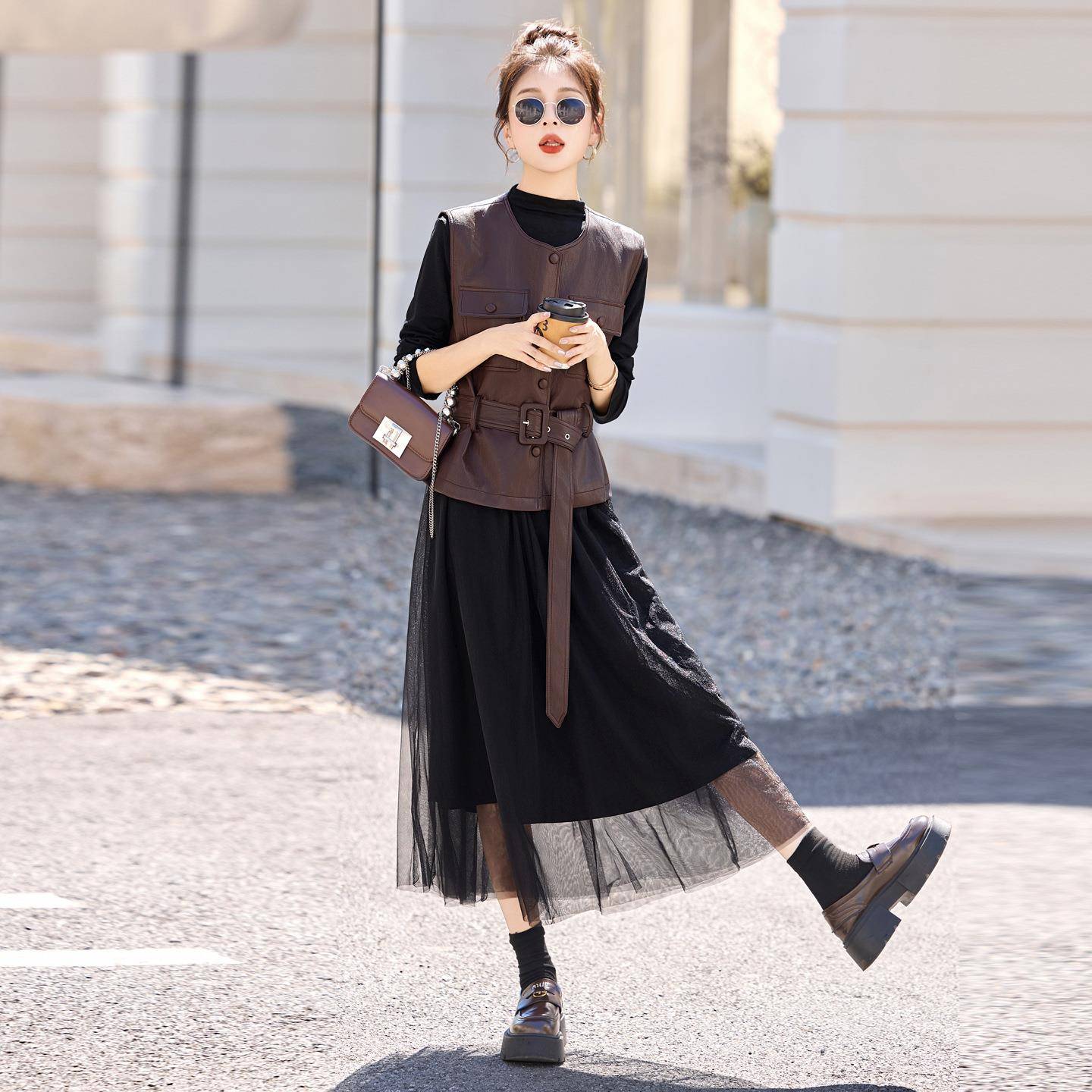 202秋冬季新款装系带马甲长款纱裙两5件套时尚连衣裙 YYF2619-0网