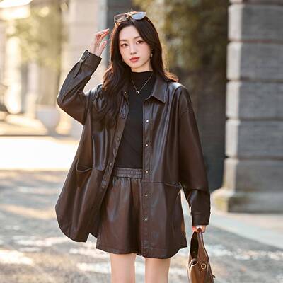 时尚套装H205HM8280-0秋2季新款宽松休闲PU皮夹克上衣外套皮裤两