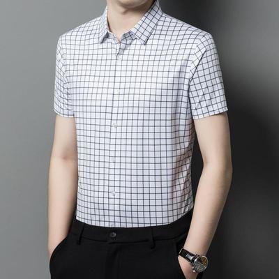 夏季闲桑中蚕丝男士衬衫短袖薄款格子衬衣年1028商上务休免烫衣爸