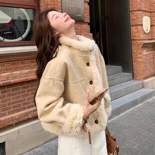 粉色羔羊毛外套冬女新款高级感加绒穿小个加厚子仿搭皮毛一体c11-