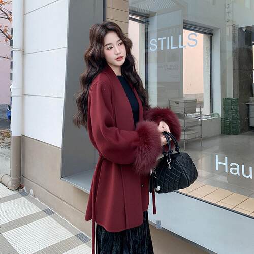 双面羊毛呢狐狸毛外套年气秋冬新款温柔风质千ZR2B141金女羊毛感