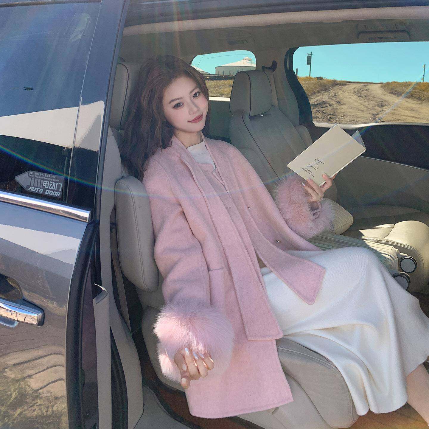 袖口真毛小C079-45粉色双面女羊呢毛外套秋冬新款巨好看爆款个子