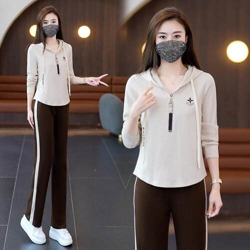 73251114气质帽连运动套瘦装女春秋季新款时尚显洋气减闲龄休服两