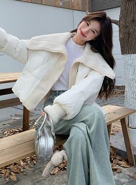 白色羊羔毛大领羽绒服女款b210-66冬小个子洋气暖翻白鸭短绒外保