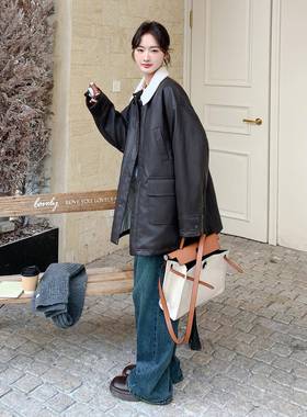 咖b128-251绒白色复古针织翻领皮羽绒服女质中长款冬气保暖鸭外套