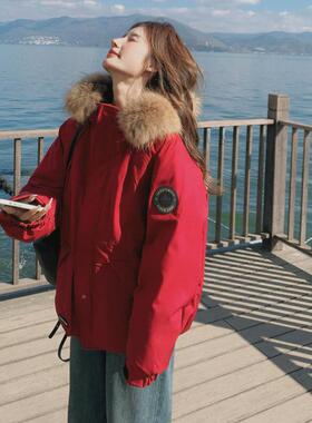 红色工装大领2b188-85羽绒服女冬新款设韩系宽毛松计加感厚白鸭绒