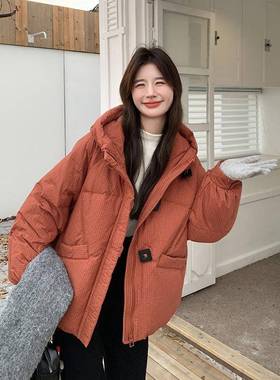加橘红色短款绒棉服女帽冬季新款羽韩系小C07-50个子连面包服外套