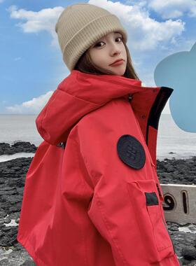 红色羽绒加服女冬宽时尚帽小个松连B01A-85子外套厚白鸭绒