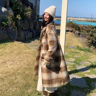 中款格ZSHUI25纹外女秋新款气质显瘦牛角扣格子长过膝套羽绒冬大