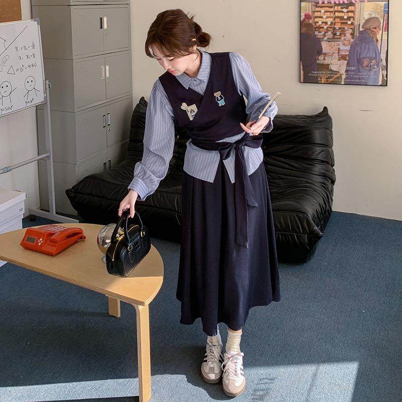 韩版学院风身短款女秋季绑带马甲条纹衫衬腰高长款半裙ZR2D120三