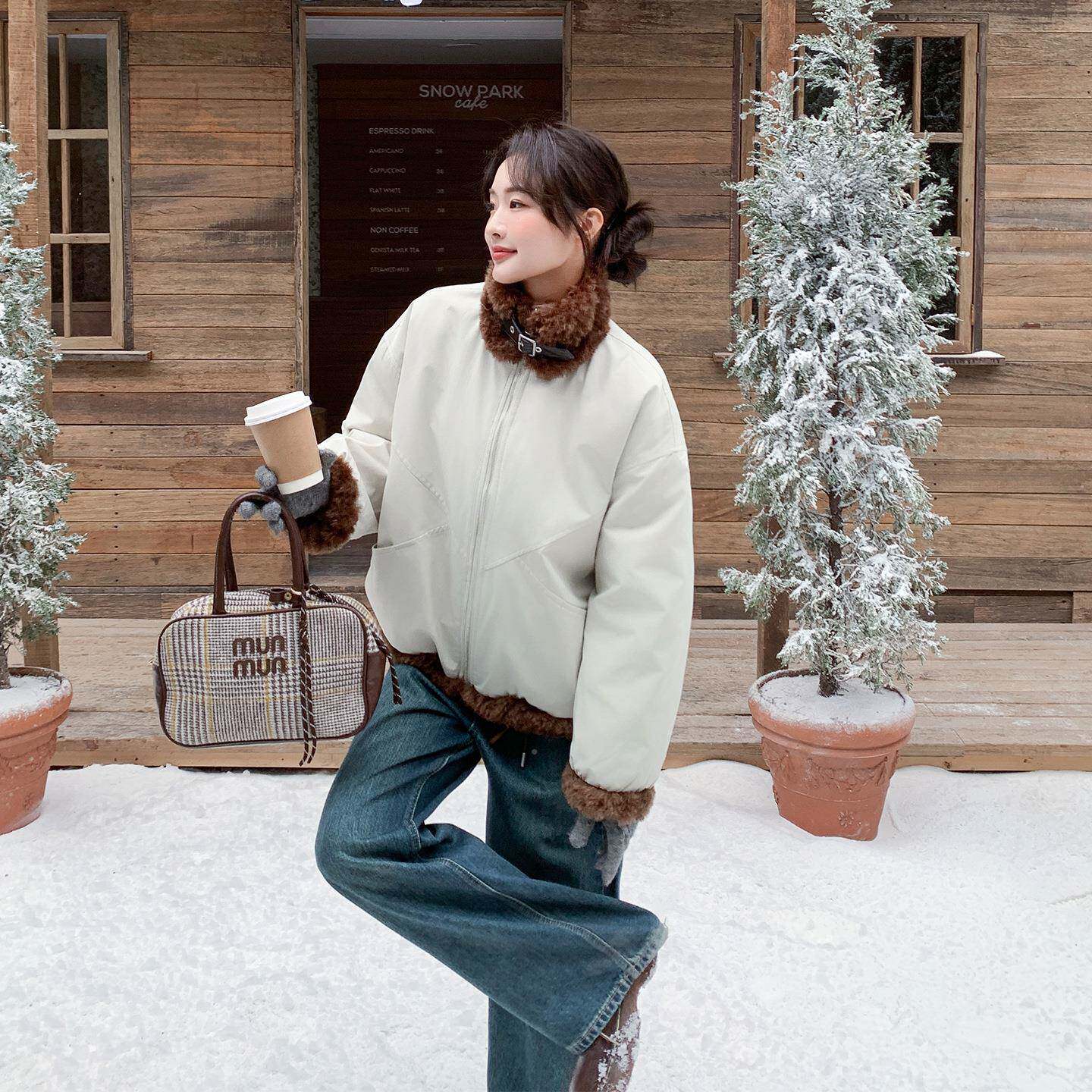 米白色韩系羊羔外毛拼接克羽绒服女冬季保暖派加厚C006-817鸭白绒