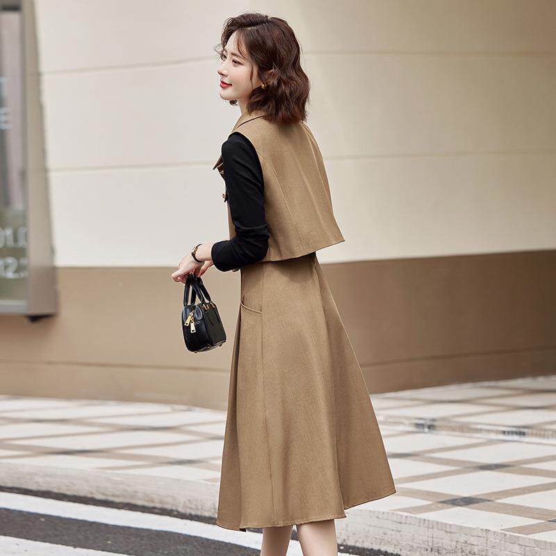 2502春季时新款时尚气LU8958-0质翻领马甲拼接中长两件裙套尚连衣