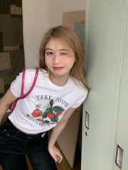Real price simple round neck strawberry print slim fit short sleeve T-shirt
