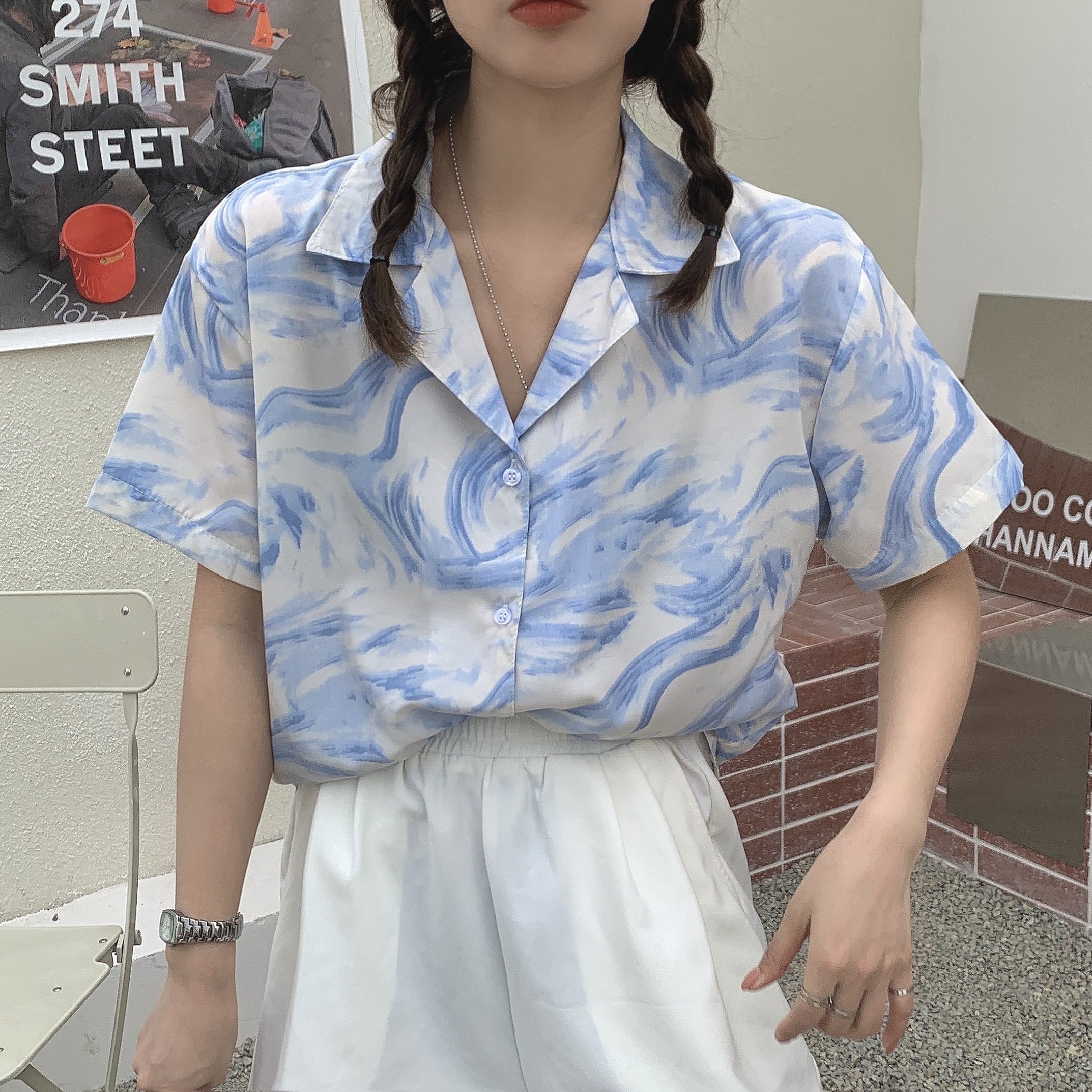 Real Price vintage oil painting print loose lazy style shirt suit collar top