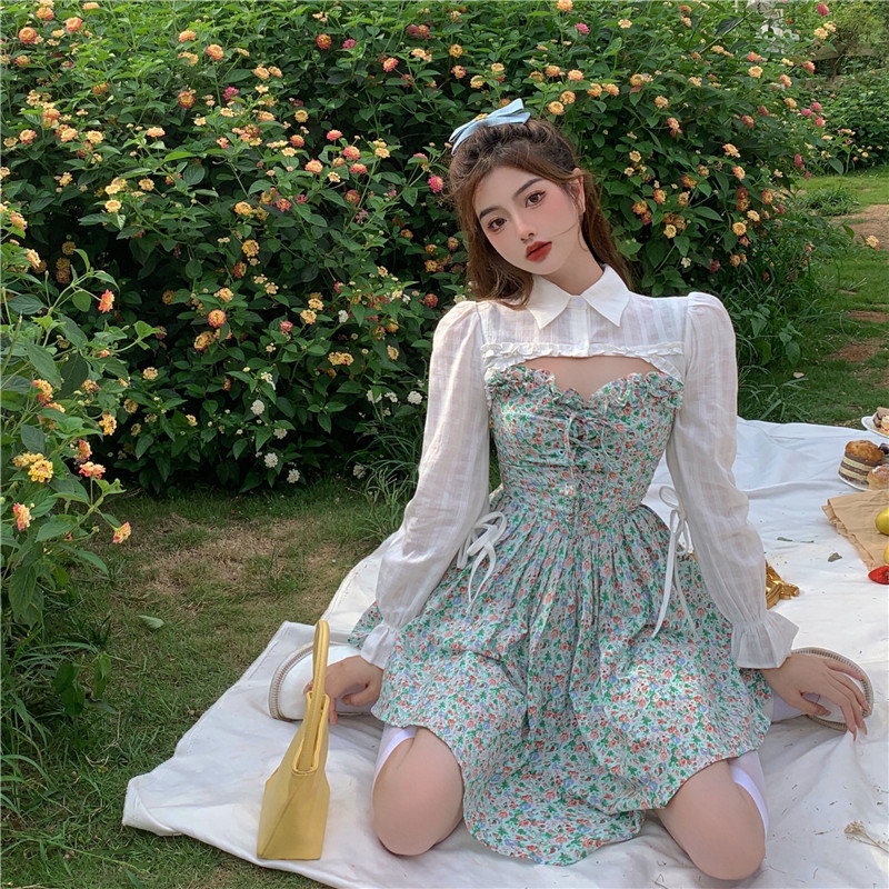 Real price pure sunscreen shirt floral sweet suspender pleated lace tie waist dress