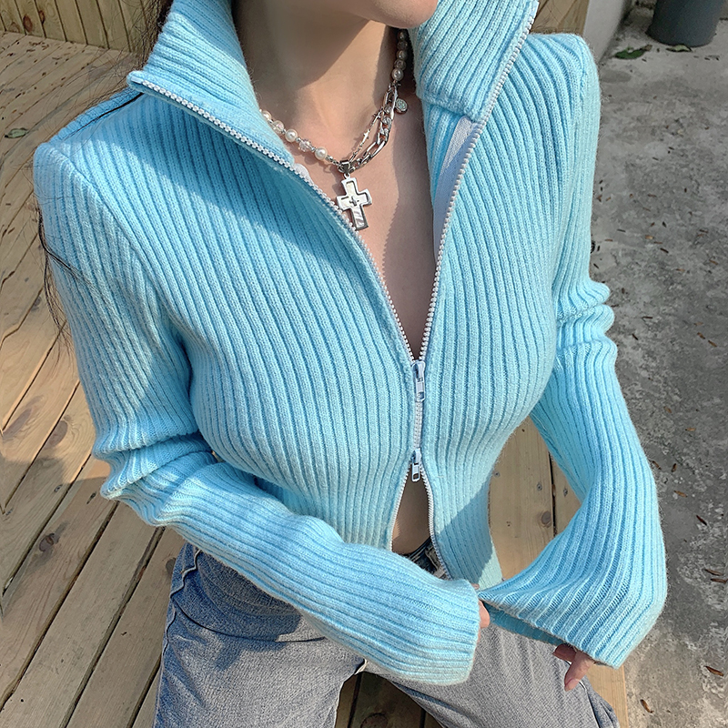 Real price Korean zipper lapel jacket knitted cardigan