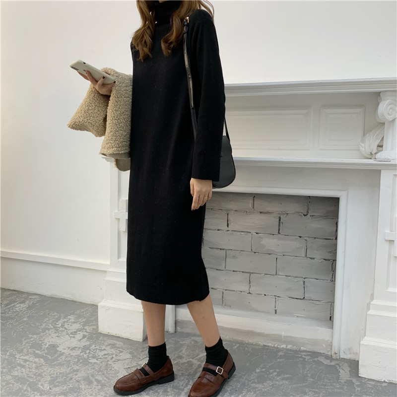Solid color loose high collar long sleeve medium length knitted sweater dress with real price
