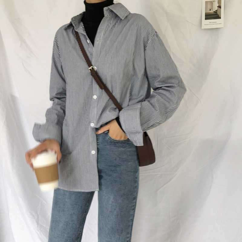 Real price! Video of Han Fan's Simple Loose Blouse with Fine Stripes Inside