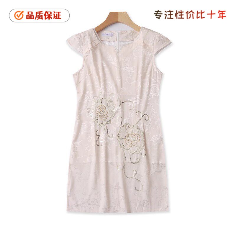 4512刺绣大花旗袍裙 夏季圆领亮片修身百搭包臀显瘦中长款连衣裙图片