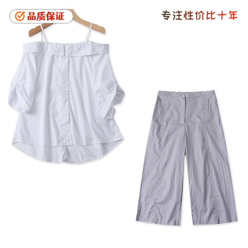4518时装套装 一字露肩大码纽扣短袖衬衫+高腰纯灰色阔腿七分裤女 - 实物图