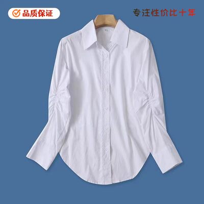 4533时装衬衫 春季翻领纯色褶皱百搭不规则长袖开衫衬衣女外贸