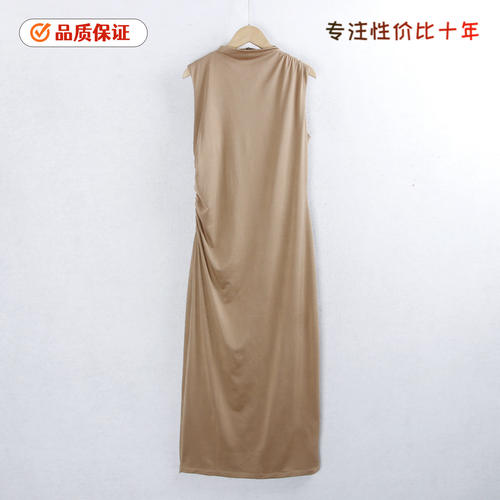 1586无袖长裙 夏季立领褶皱时尚包臀显瘦高弹力气质连衣裙女外贸