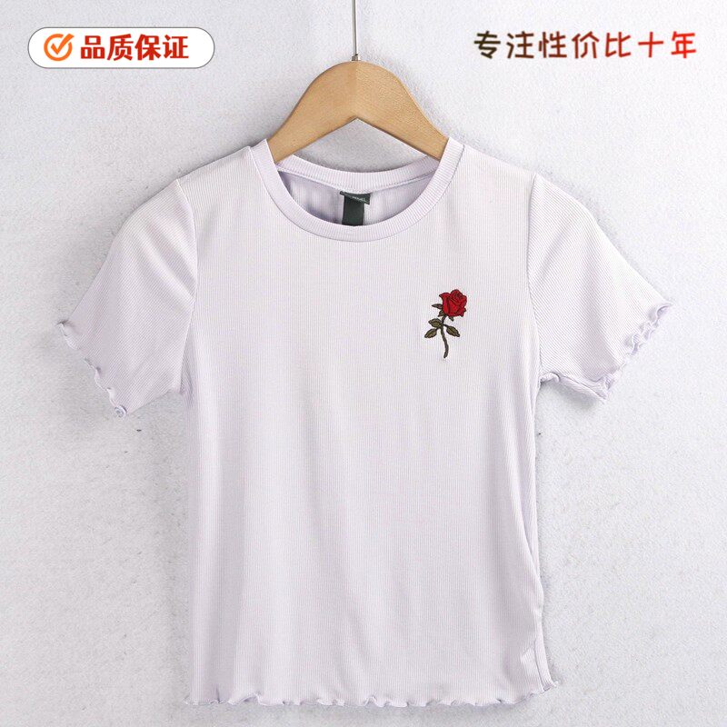 3508刺绣T恤 夏季人棉套头木耳花边刺绣高弹力短款修身短袖衫女