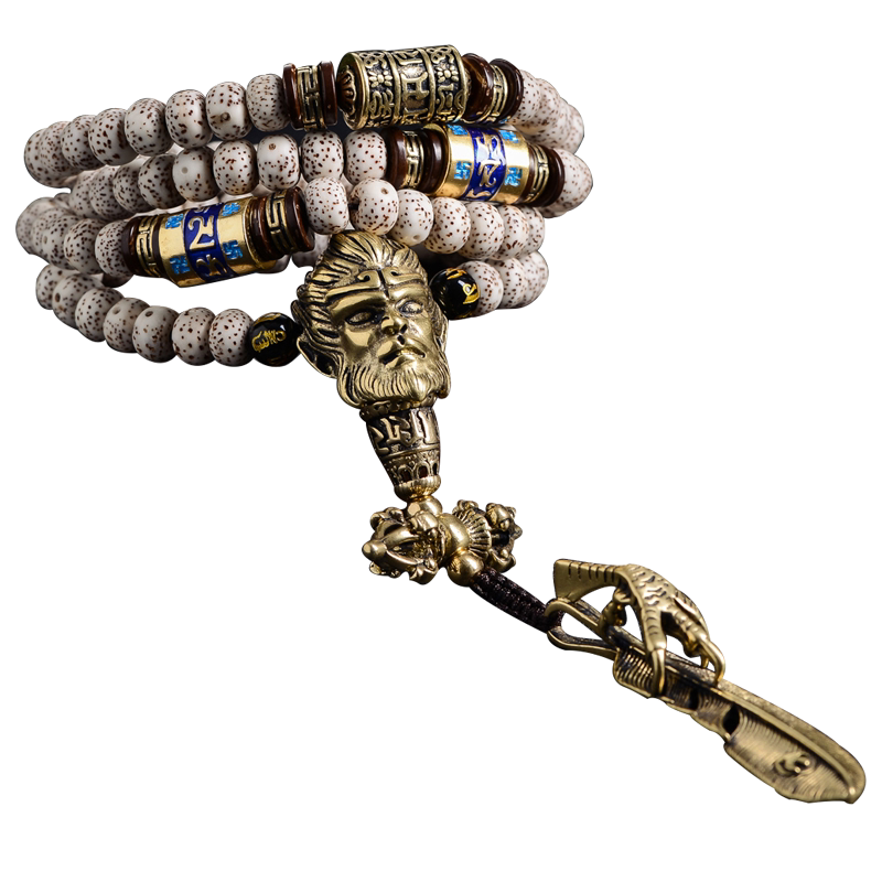 黄铜大圣孙悟空佛头三通羽毛套餐金刚星月菩提藏式佛珠文玩套装男