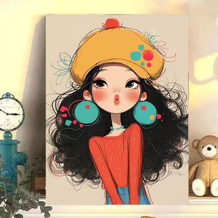 可爱女孩客厅装饰画斗柜桌面摆件画治愈系卡通儿童房卧室床头壁画