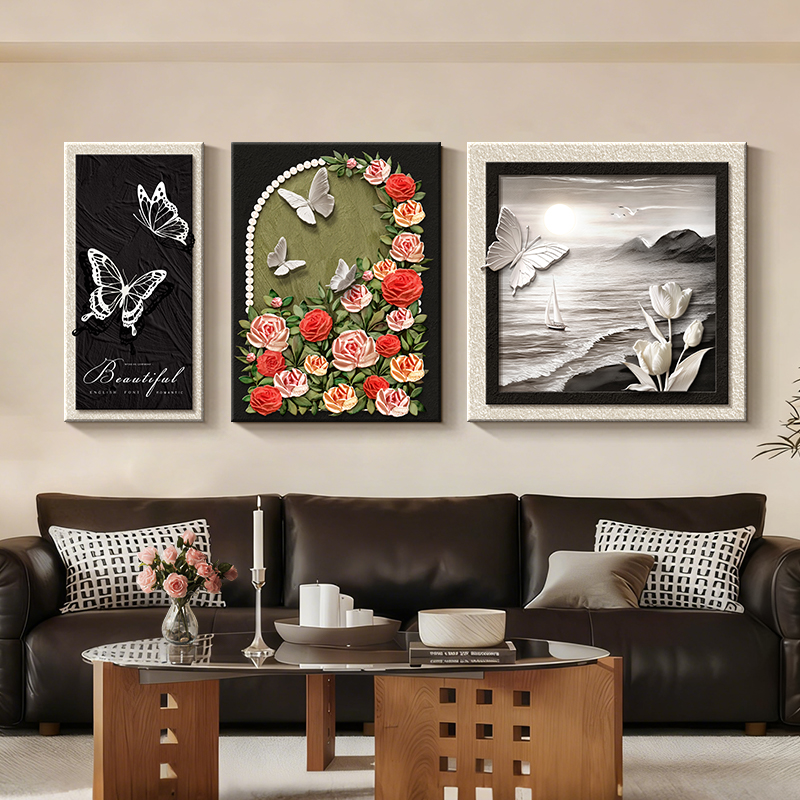 新款蝴蝶沙发背景墙装饰画客厅墙上面挂画高级感三联黑白艺术壁画