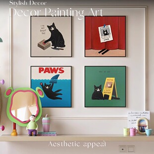 多巴胺客厅挂画中古风餐厅装饰画猫咪卡通动物复古高级感卧室壁画
