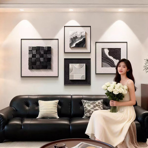 黑白极简客厅装饰画新款沙发背景墙挂画高级感抽象餐厅组合墙壁画