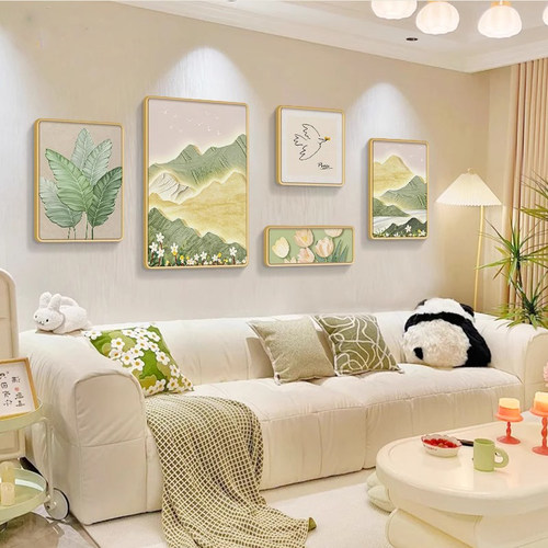 奶油风客厅装饰画山水风景画沙发背景墙挂画现代简约日照金山壁画