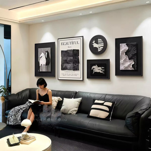 黑白灰抽象客厅装饰画高级感组合壁画意式现代极简沙发背景墙挂画